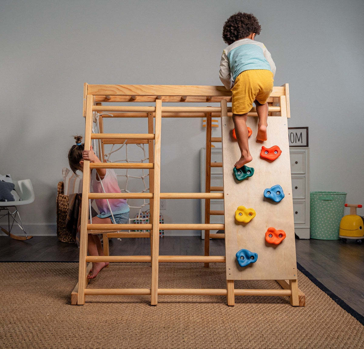 2026 NEW Avenlur Indoor Toddler and Child Indoor Gym Playground Climber - Real Wooden Playset 6-in-1 Slide, Rock Climb Wall, Rope Wall Climbing, Monkey Bars, Swing, Ladder Fun Gym for Children