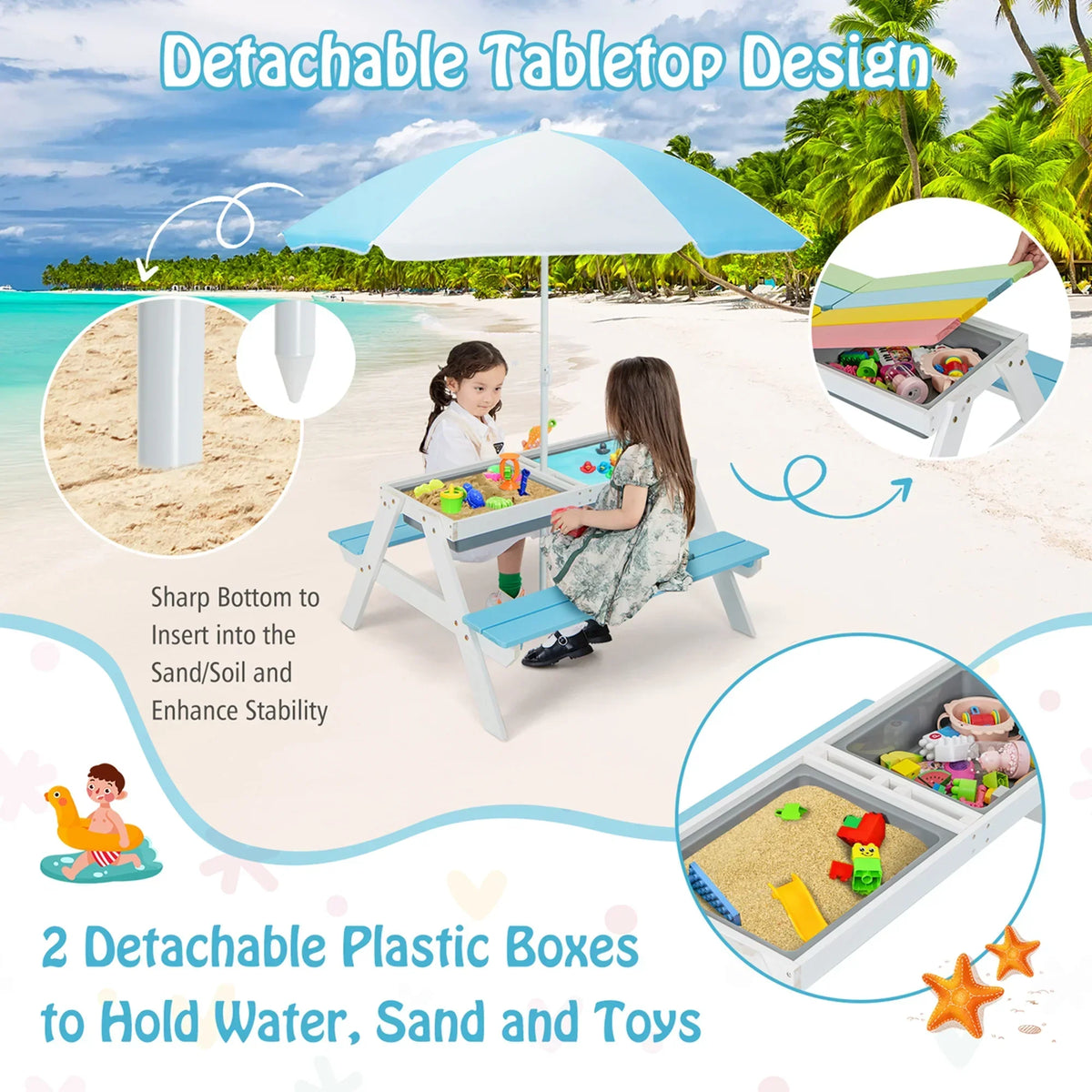 2026 NEW Costway 3-in-1 Kids Picnic Table Wooden Outdoor Sand & Water Table with Umbrella Play Boxes Green
