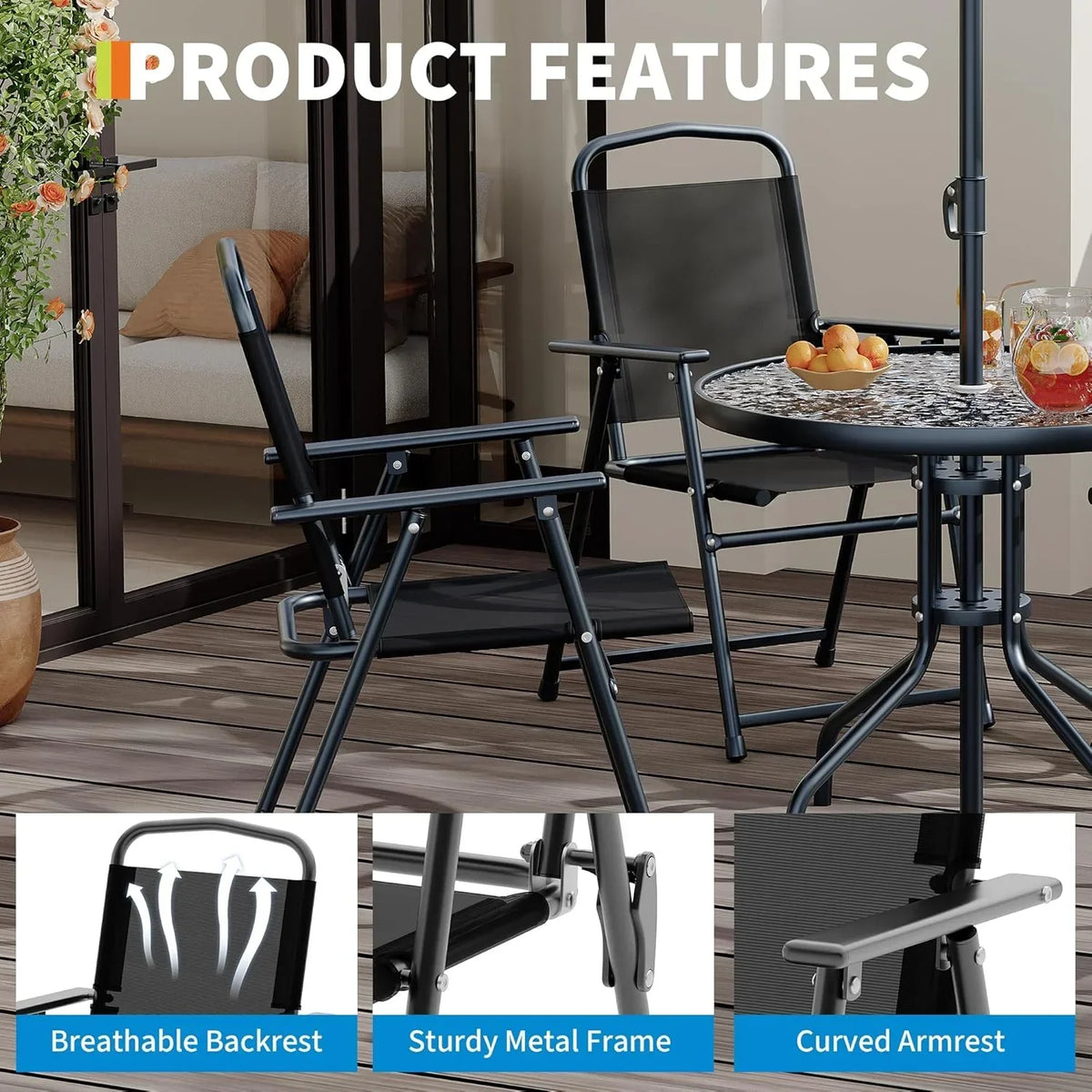 2026 NEW 6 Pieces Outdoor Dining Set With Umbrella, Patio Table and 4 Folding Chairs With Umbrella, Garden Patio Furniture Set With Umbrellas, Tempered Glass Top Dining Table