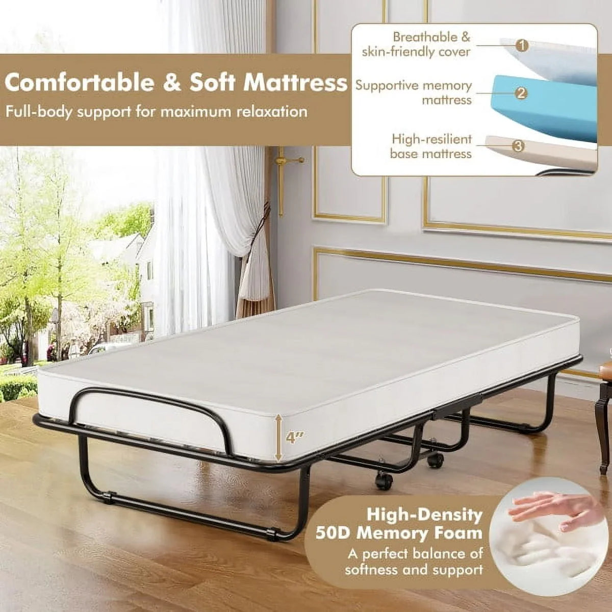 2026 NEW 75" x 31" x 13" Folding Bed with Mattress, Rollaway Bed Metal Frame on Wheels, Portable Foldable Guest Bed for Adults, Cot Size Fold up Bed with Memory Foam Mattress