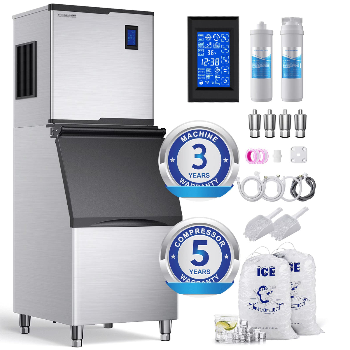 2026 NEW Coolake 22 inch 450lbs/24h Commercial Air Cooled Ice Maker Machine with 360lbs, Cube Ice, Doe/ETL