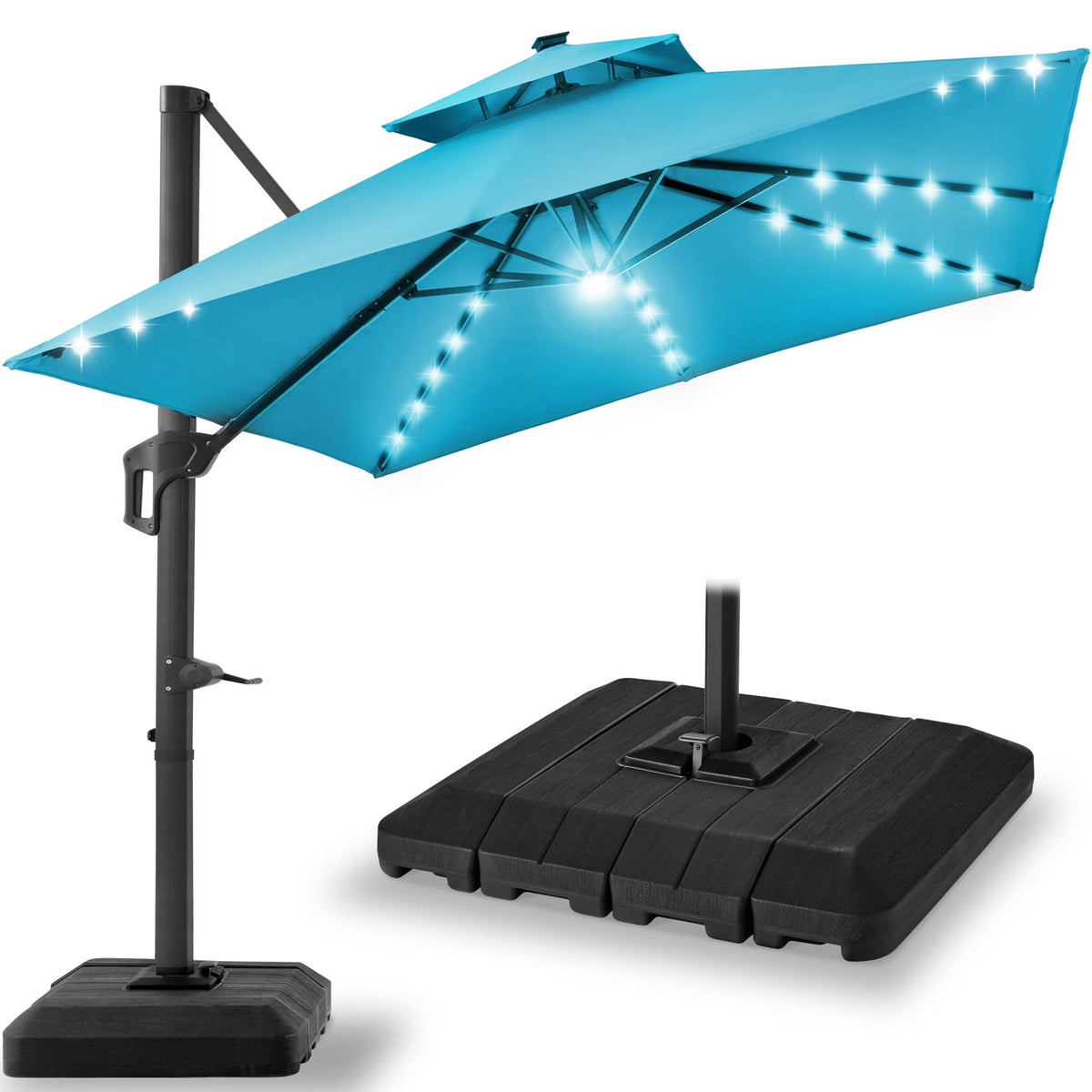 2026 NEW Best Choice Products 10x10ft 2-Tier Square Outdoor Solar LED Cantilever Patio Umbrella w/ Base Included - Tan