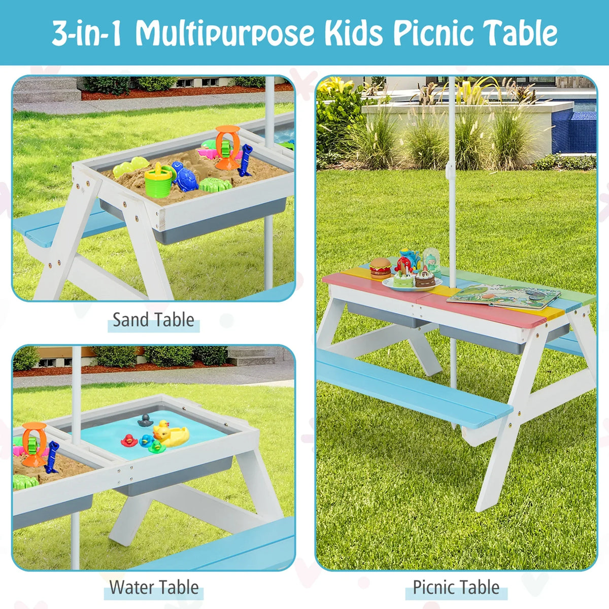 2026 NEW Costway 3-in-1 Kids Picnic Table Wooden Outdoor Sand & Water Table with Umbrella Play Boxes Green