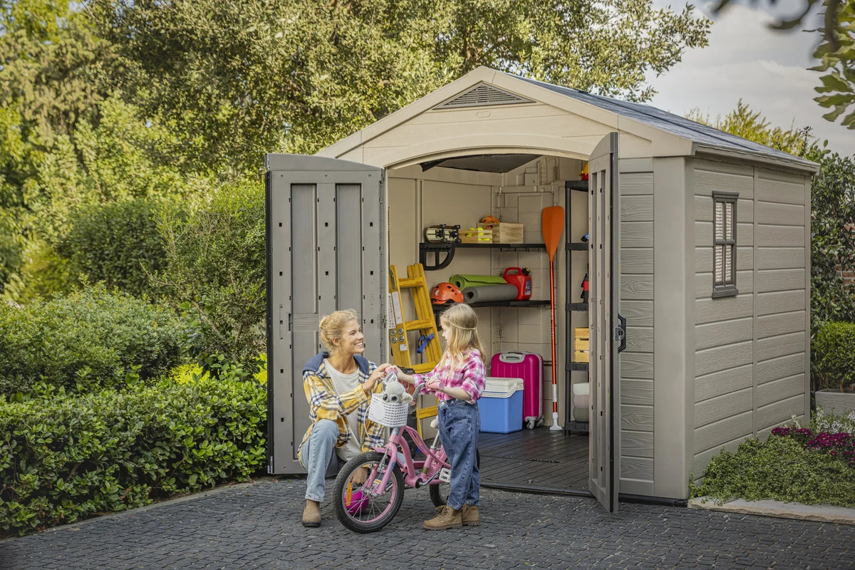2026 NEW Keter Factor 8 x 11 Foot All Weather Resin Outdoor Storage Shed, Taupe