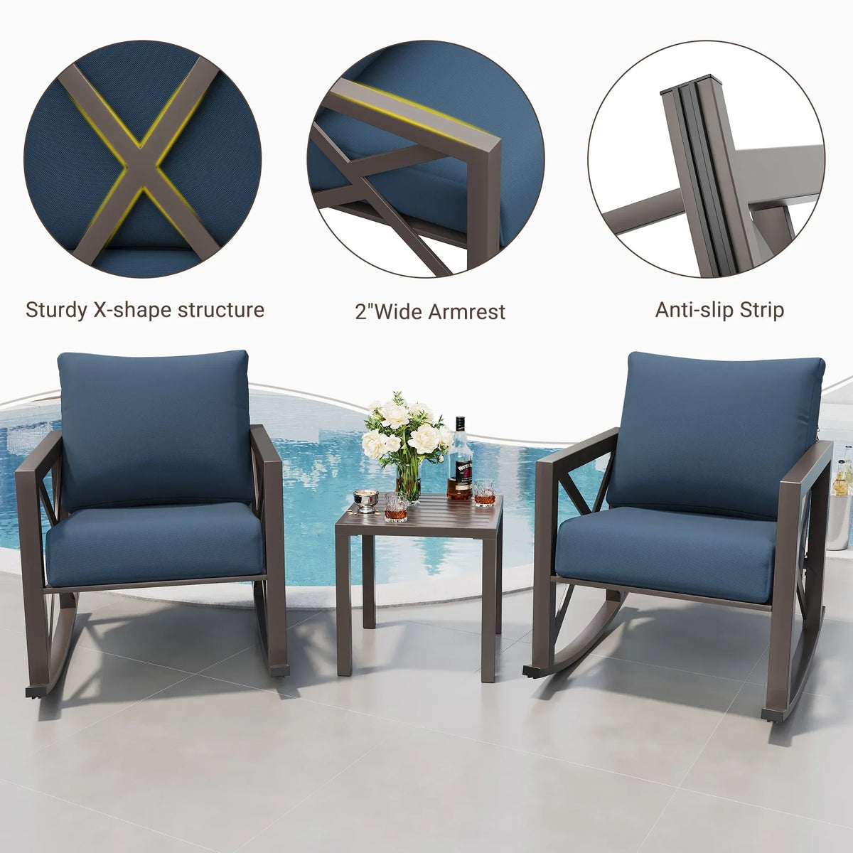 2026 NEW MRUAKA Rocking Chair Bistro Set,3 Piece Outdoor Patio Furniture Set with 2 Rockers and 1 Metal Coffee Table with Thick Cushions for Porch,Backyard,Poolside,Beige