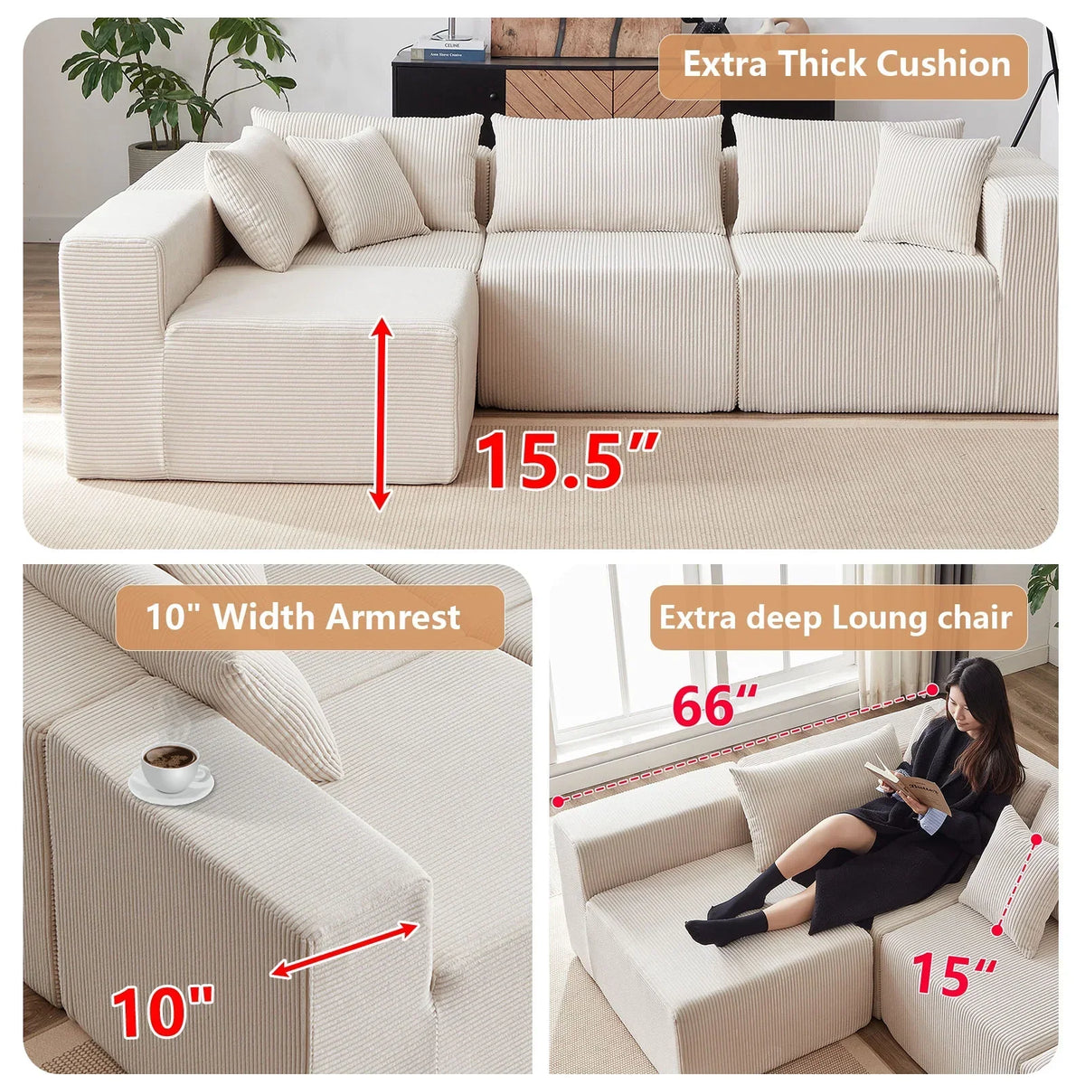 2026 NEW 104-Inch Corduroy Modular L Shaped Sectional Sofa,Luxury Floor Couch Set,Upholstered Indoor Furniture,Foam-Filled Compressed Sofa for Living Room,Bedroom,4 PC Free Combination