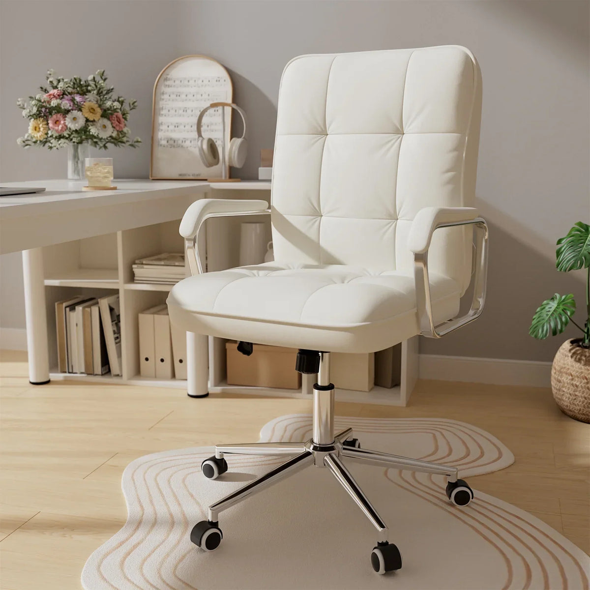 2026 NEW Solfway White Office Chair, Swivel Leather Computer Desk Chair with Wheels and Padded Arms, Executive Office Chair for Adults