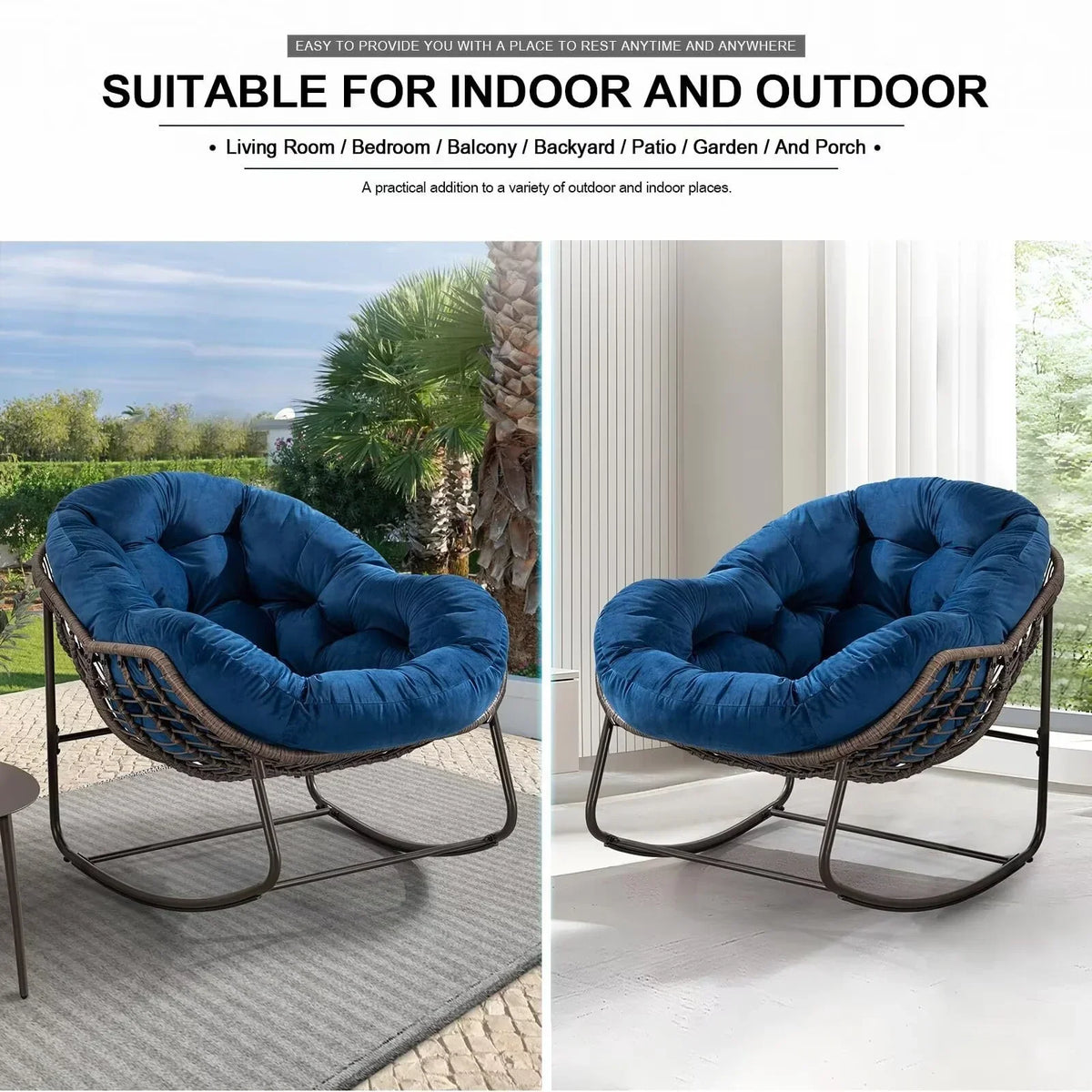 2026 NEW Outdoor Papasan Rocking Chair, Patio Oversized Wicker Egg Rocking Chair, Indoor & Outdoor Comfy Rocker Chair with Thick Cushion, Modern Lounge Chair for Front Porch, Garden, Backyard, Grey