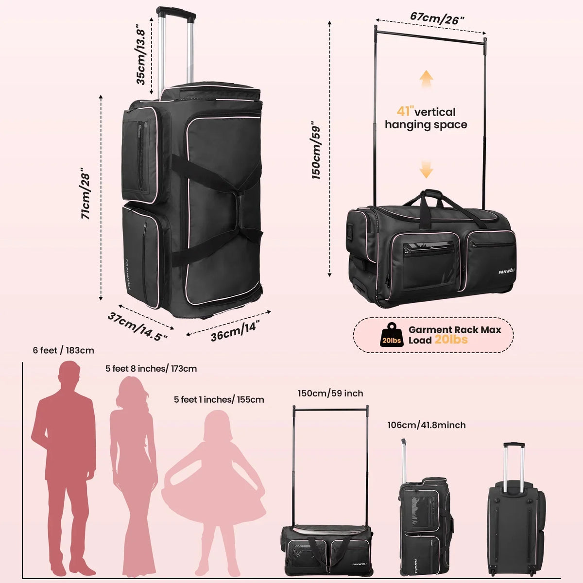 2026 NEW Fegat Dance Bag with Garment Rack - 28"Collapsible Rolling Competition Dance Duffle Bag Lightweight Costume Wheeled Suitcase for Dancers Shows Livestreamer Athletes