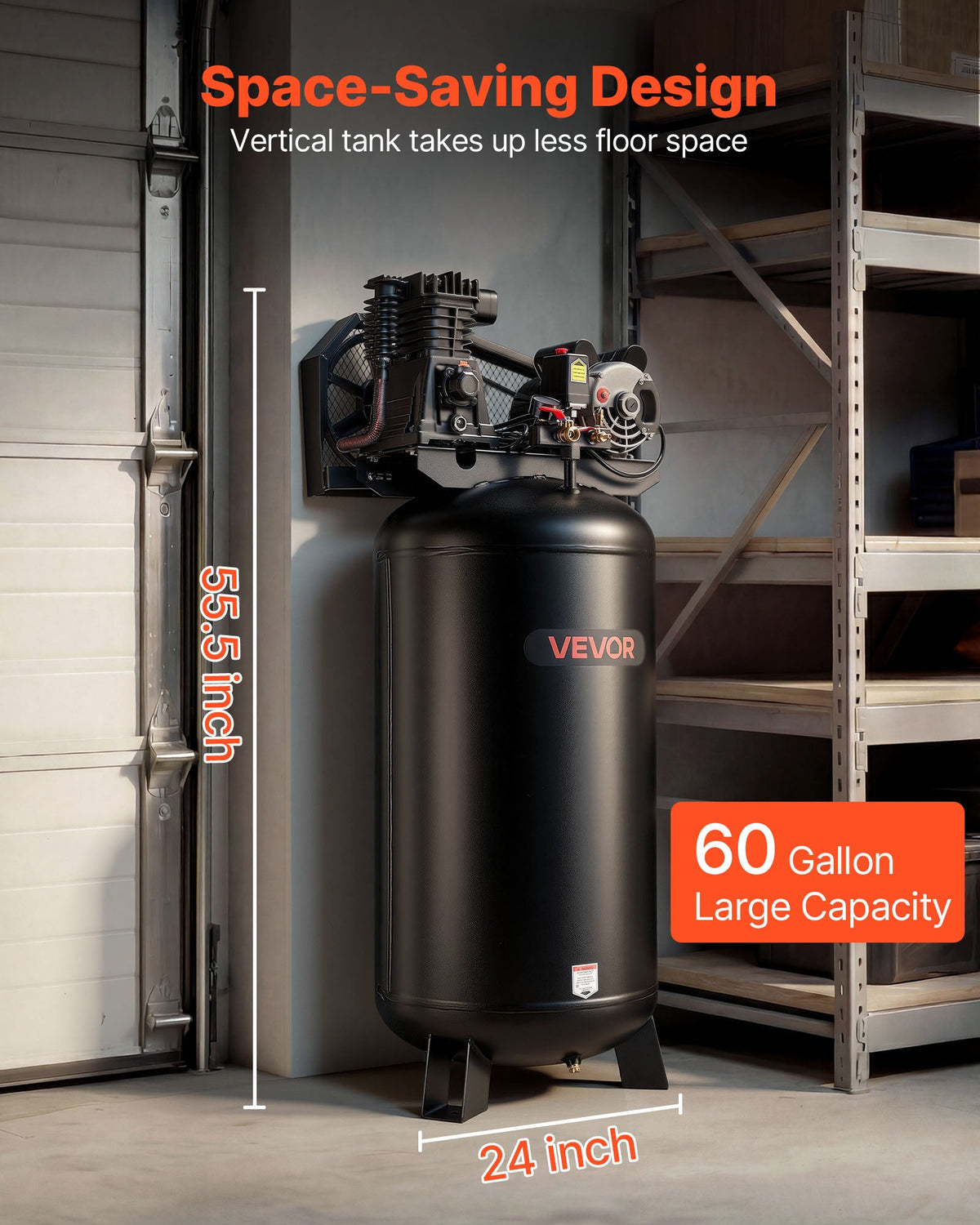 2026 NEW VEVOR 60 Gallons Heavy-Duty Air Compressor, 3.7HP 8 SCFM at 90PSI Air Compressors Max 155PSI Pressure, Oil-Lubricated Compressor Tank(230V 60Hz, No-Plug)