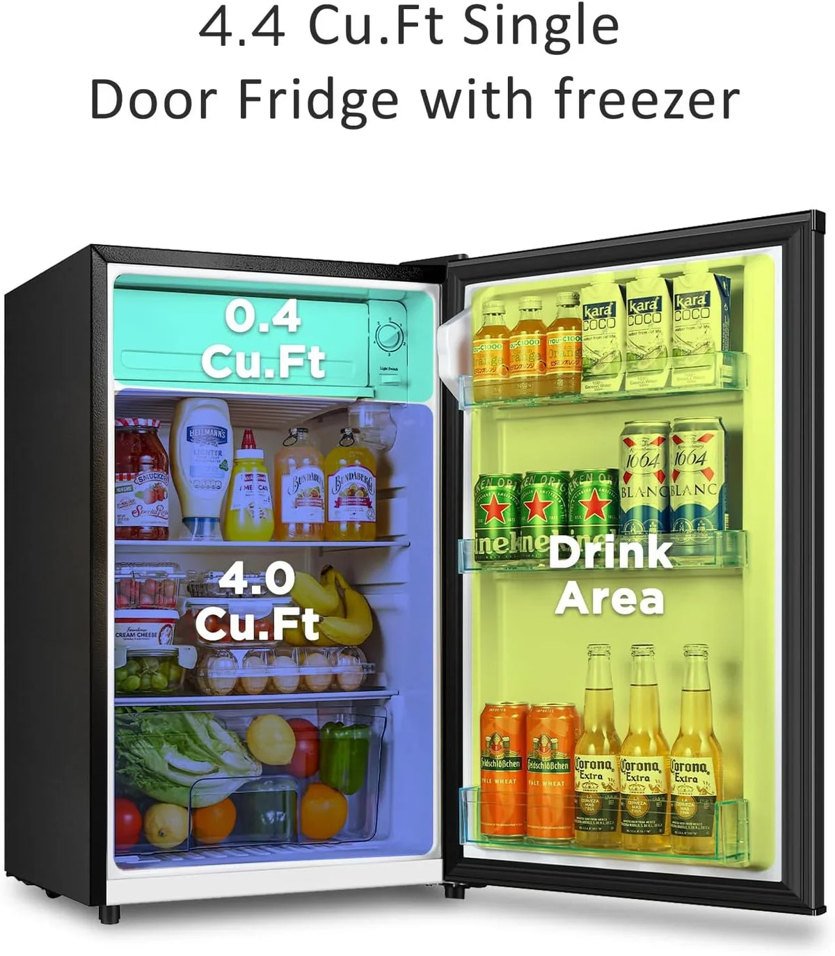 2026 NEW Seaoola Mini Fridge with Freezer, Single Door 4.4 Cu.Ft, Compact Mini Refrigerator, LED Light, Adjustable Thermostat, Removable Glass Shelves, Small Refrigerator for Dorm/Office/Bedroom(Black)