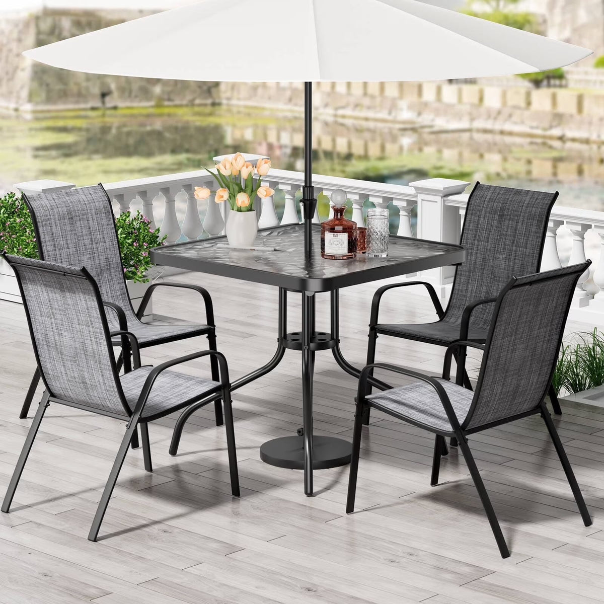 2026 NEW Pirecart 5-Piece Outdoor Patio Dining Table Set with 4 Stackable Textilene Chairs for for Patio, Lawn, Garden, Gray