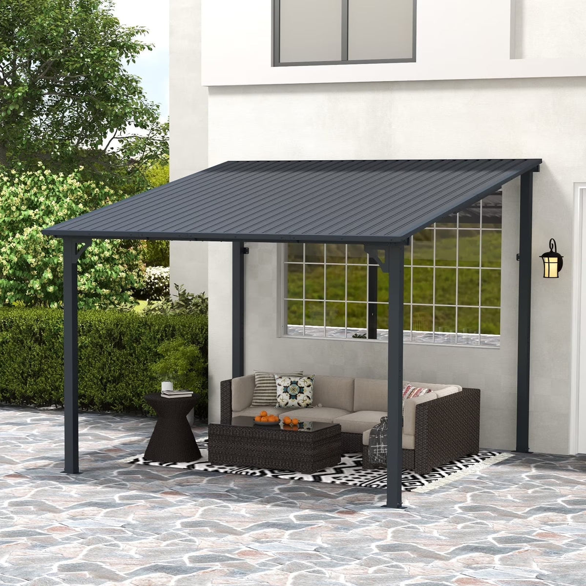 2026 NEW 8' x 10' Outdoor Pergola Gazebo, Lean to Awnings Gazebos, Heavy Duty Hard Top Metal Pergola with Roof, for Patio, Backyard, Decks, Poolside