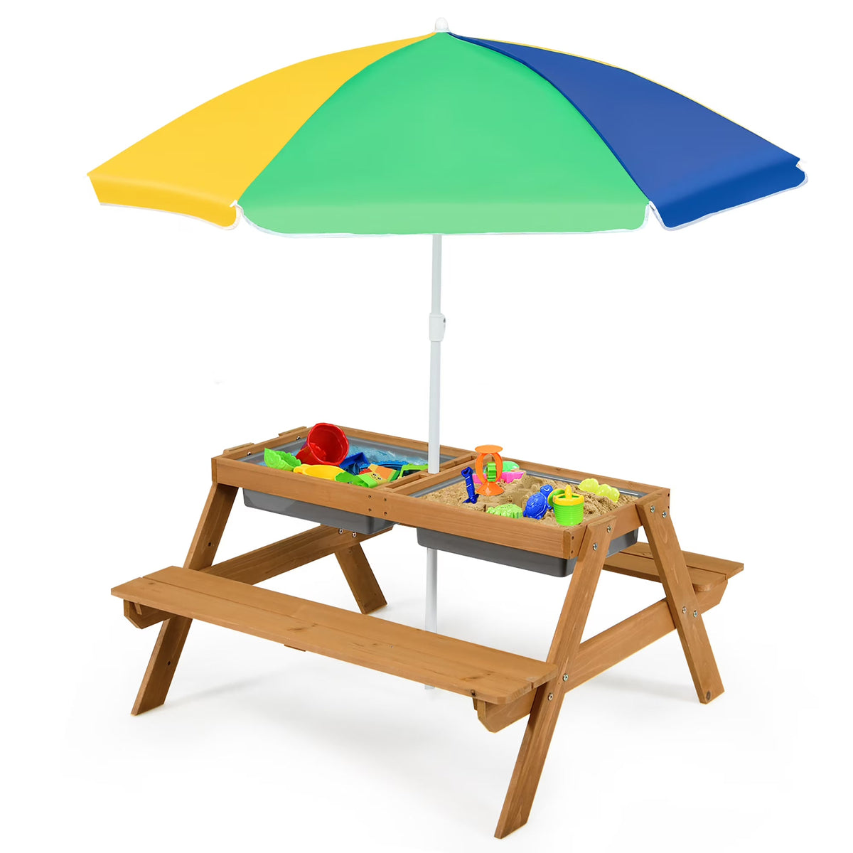 2026 NEW Costway 3-in-1 Kids Picnic Table Wooden Outdoor Sand & Water Table with Umbrella Play Boxes Green
