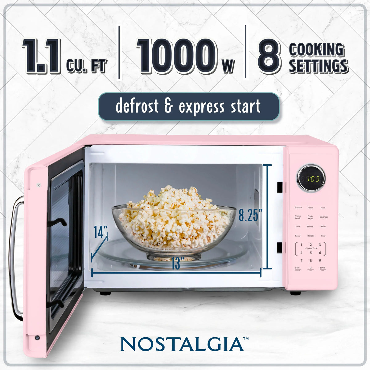 2026 NEW Nostalgia Retro Microwave Oven - 1.1 Cu Ft & 1000-Watt Countertop Size with Glass Turntable, Child Safety Lock, 8 Auto-Cook Programs & Digital Clock - Black