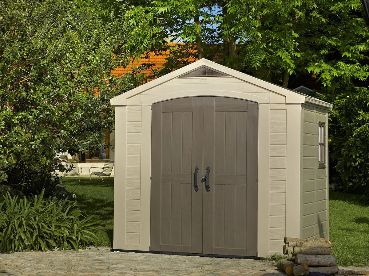 2026 NEW Keter Factor 8 x 11 Foot All Weather Resin Outdoor Storage Shed, Taupe
