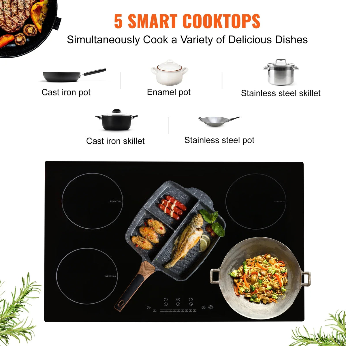 2026 NEW KFFKFF Electric Range, 5 Elements, 30'' Built-in Induction Cooking Surface, 9200W, 9 Power Settings, LED Display, Safety Lock & Heat Guard