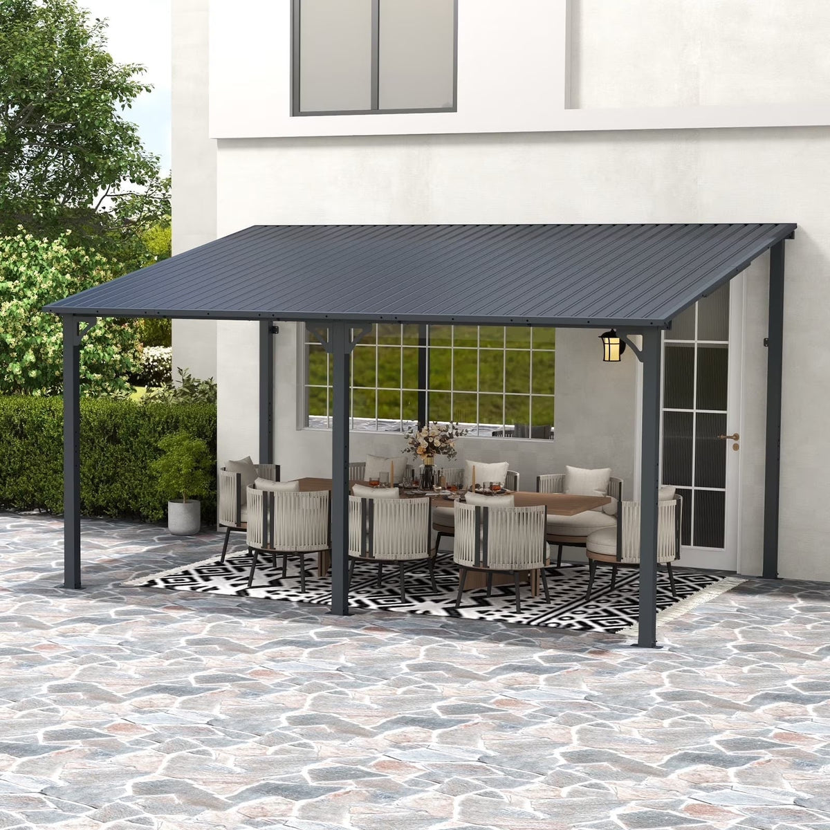 2026 NEW 8' x 10' Outdoor Pergola Gazebo, Lean to Awnings Gazebos, Heavy Duty Hard Top Metal Pergola with Roof, for Patio, Backyard, Decks, Poolside