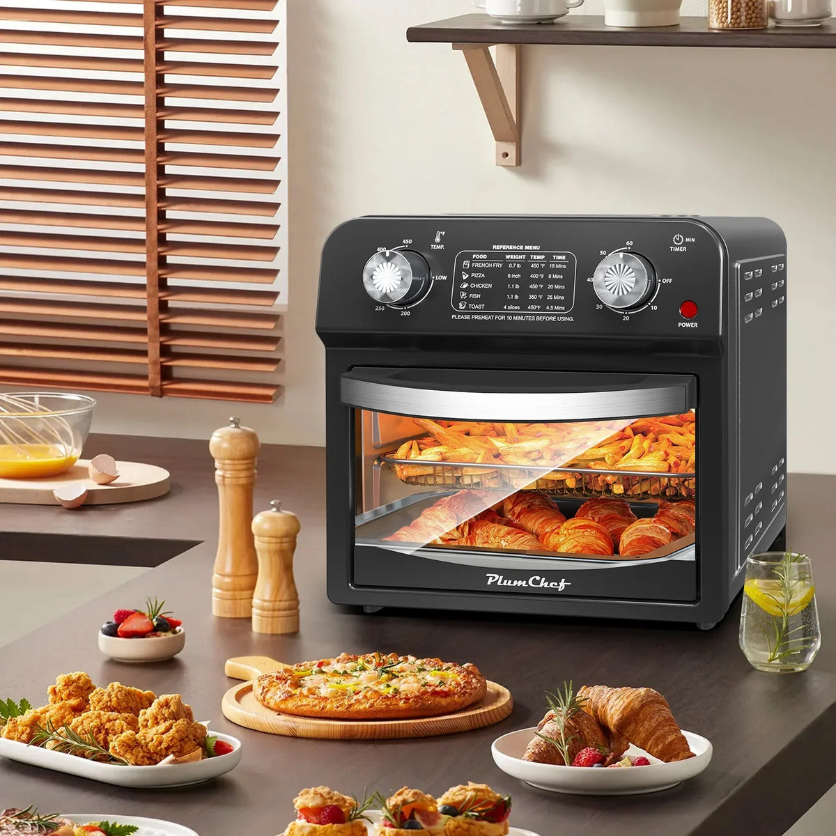 2026 NEW PlumChef 13 Quart 4 Slices Air Fryer Convection Toaster Oven, 1500W, 7 in 1 Multifunction with Roast, Bake, Grill, Broil, Toast, Dehydrate, Defrost