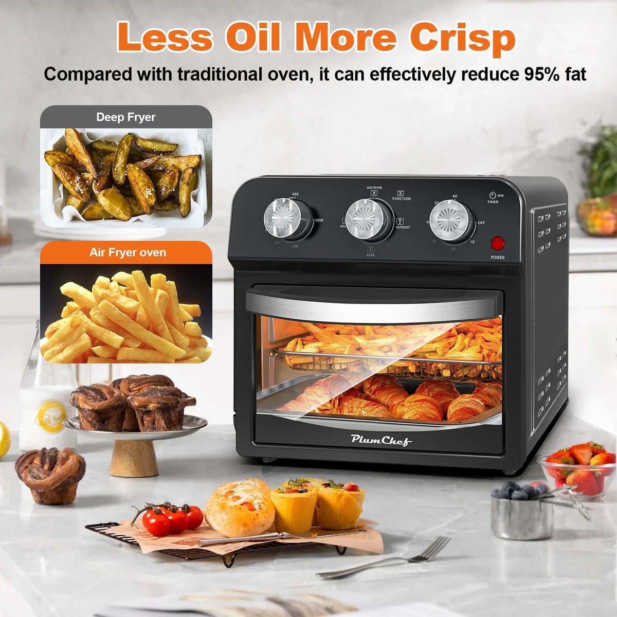 2026 NEW PlumChef 13 Quart 4 Slices Air Fryer Convection Toaster Oven, 1500W, 7 in 1 Multifunction with Roast, Bake, Grill, Broil, Toast, Dehydrate, Defrost