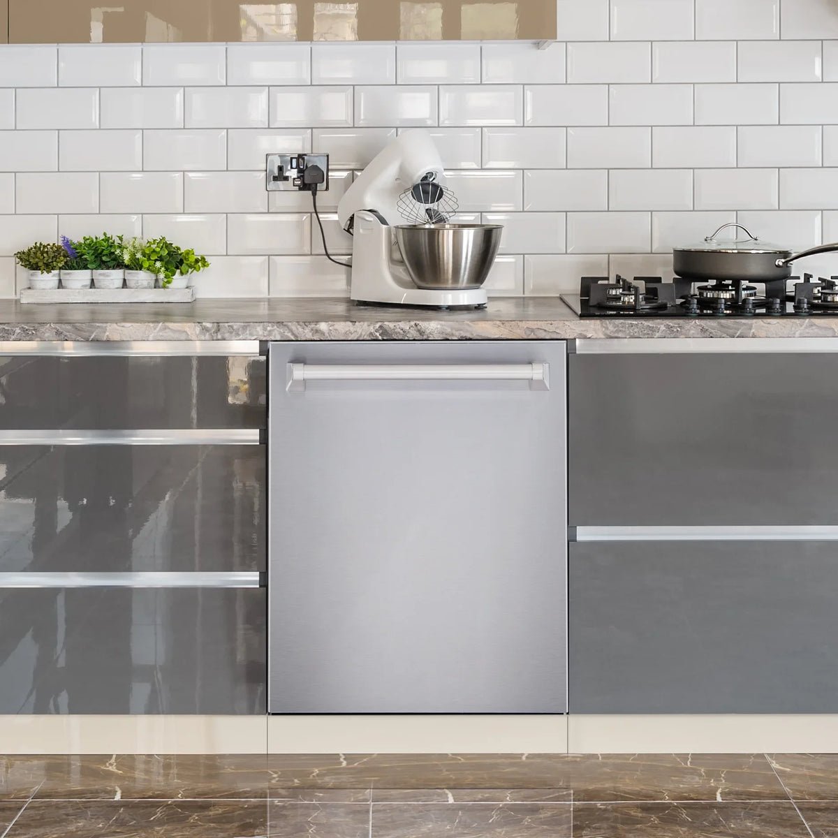 2026 NEW Cosmo 5 Piece Kitchen Appliance Packages with 30" Freestanding Electric Range 30" Island Range Hood 24" Built-in Fully Integrated Dishwasher French Door Refrigerator & 48 Bottle Wine Refrigerator