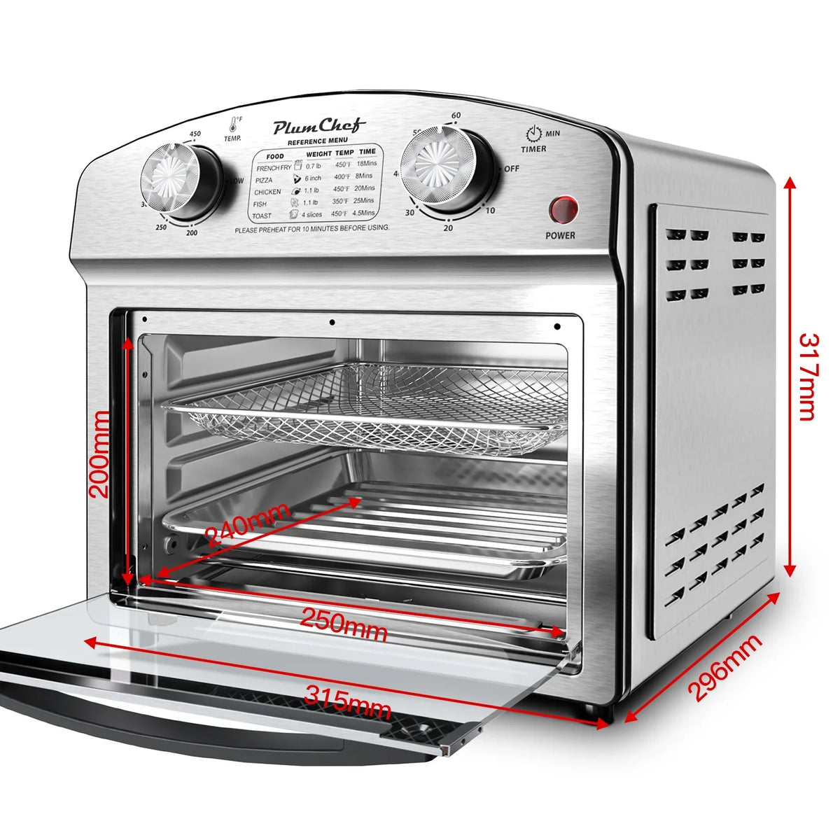 2026 NEW PlumChef 13 Quart 4 Slices Air Fryer Convection Toaster Oven, 1500W, 7 in 1 Multifunction with Roast, Bake, Grill, Broil, Toast, Dehydrate, Defrost