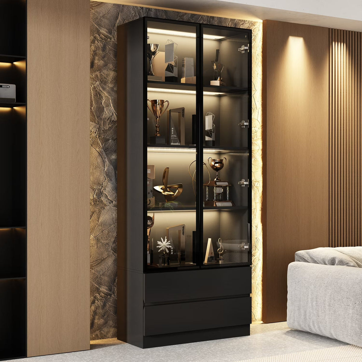 2026 NEW KULAGAGA Bookcases Organizer with LED Lights, Heavy Duty Display Cabinet with Glass Door for Living Room, 31.5" Wide