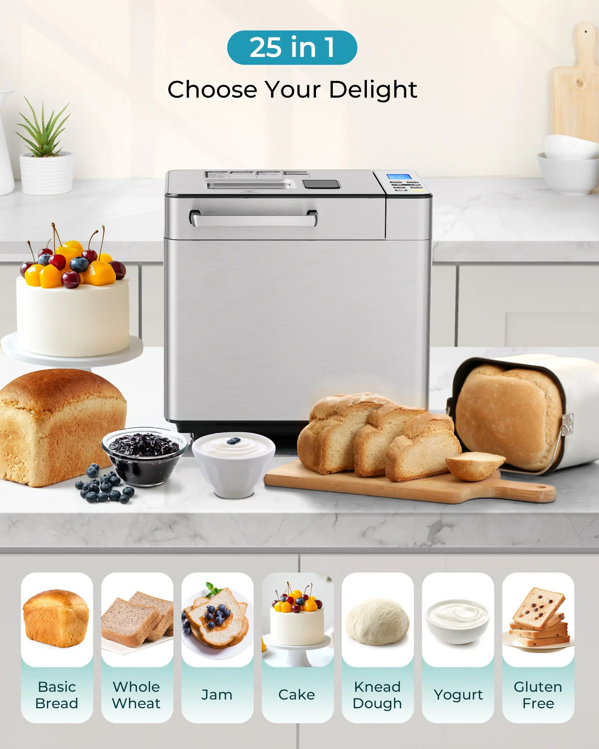 2026 NEW Simzlife 25-in-1 Bread Maker Machine, 2LB Capacity for Dough & Bread with Automatic Fruit and Nut Dispenser, Stainless Steel Construction