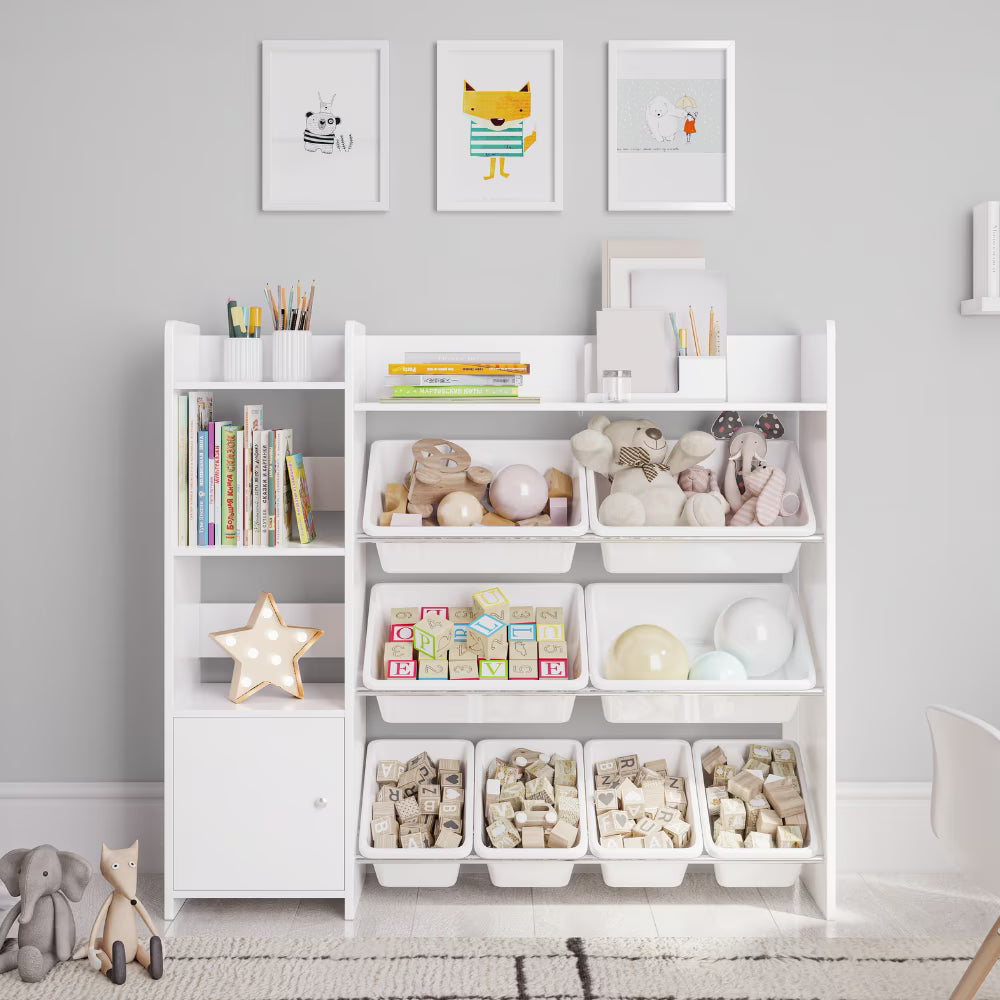 2026 NEW Sturdis Kids Toy Storage Organizer With Bookshelf and White Bins