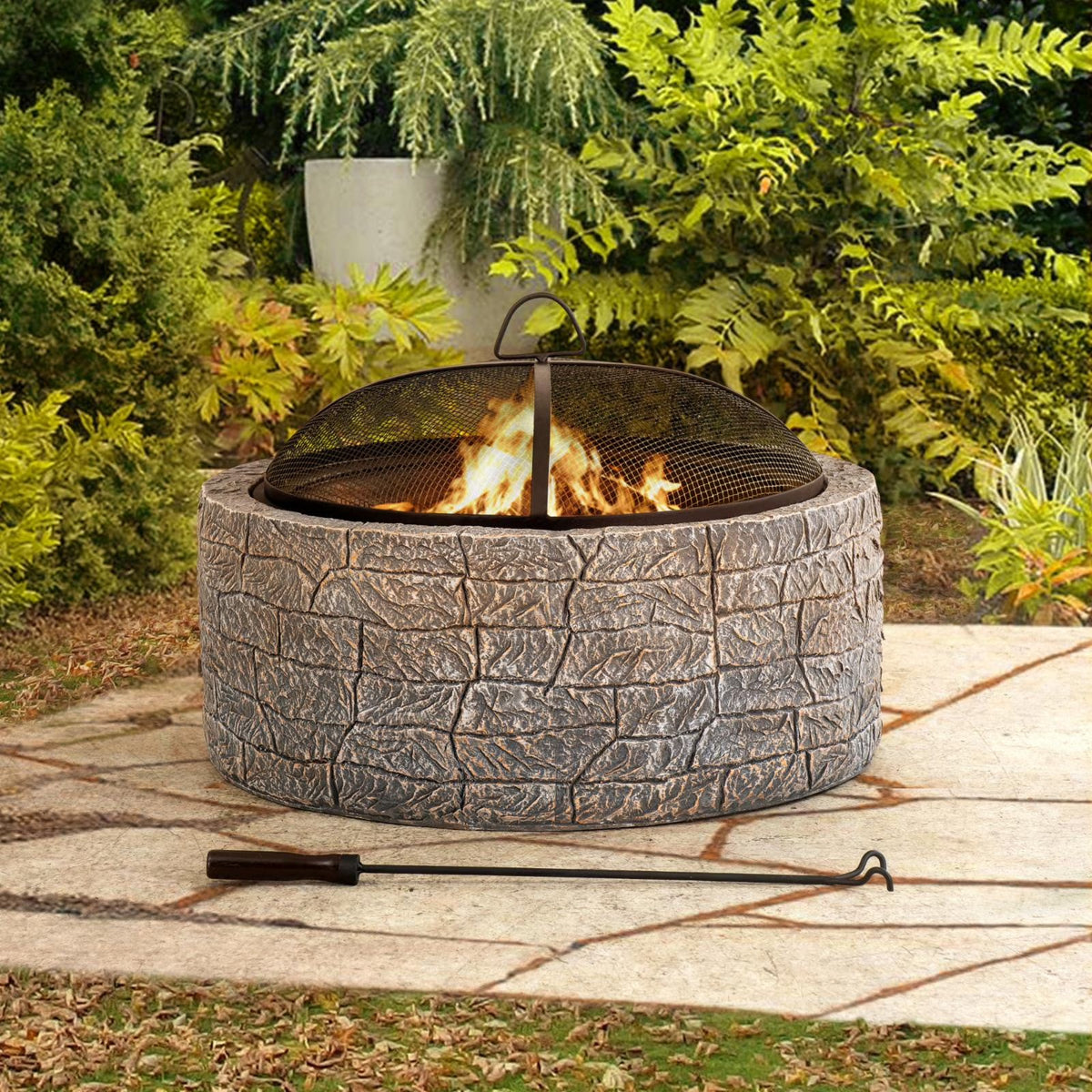2026 NEW Sunjoy Stone Fire Pit 26 Inch, Outdoor Round Wood Burning Fire Pits with Spark Screen and Poker Grey