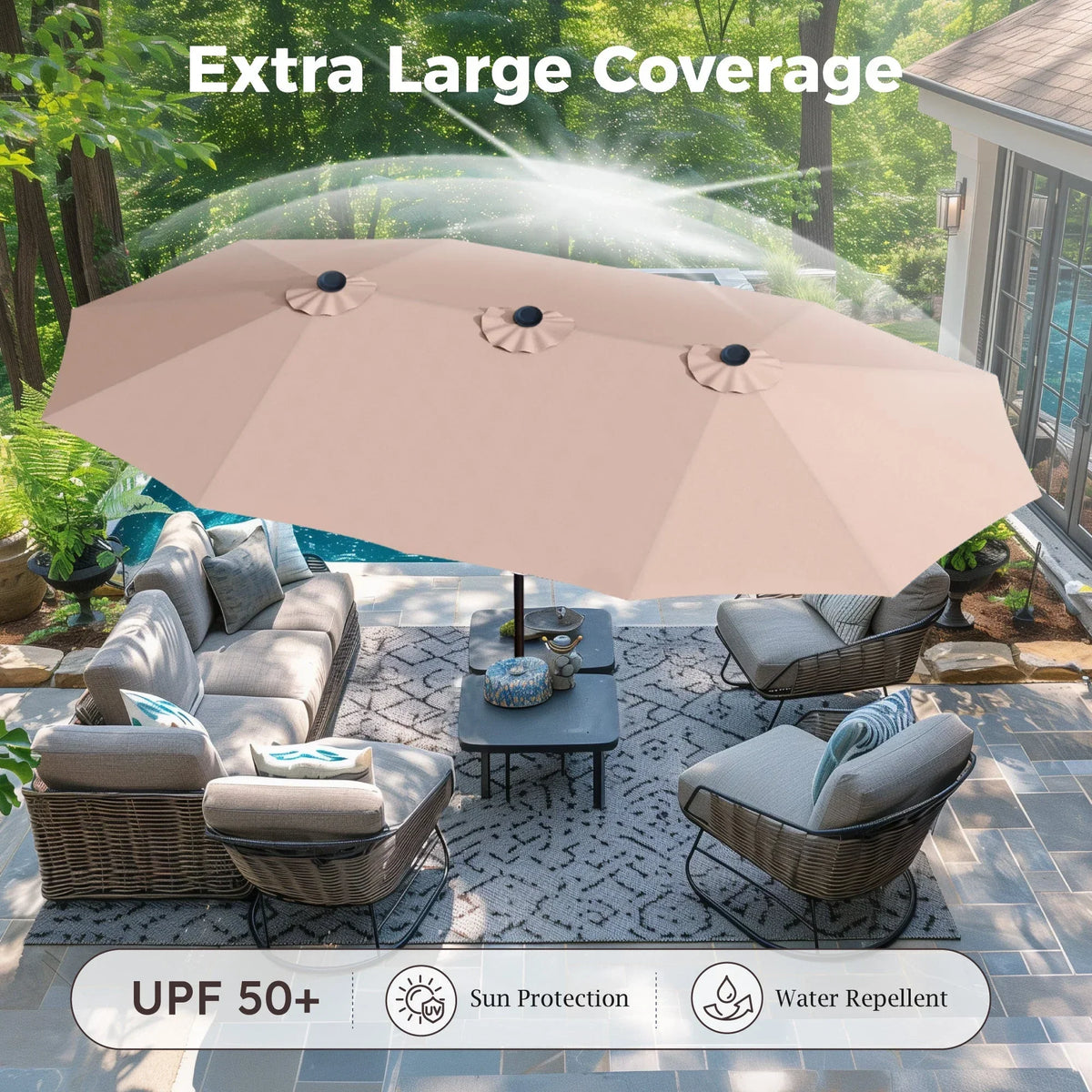 2026 NEW Alpha Joy 15ft Outdoor Patio Umbrella Extra-Large Double-Sided Garden Umbrella with Crank Handle and Base - Smoky Gray