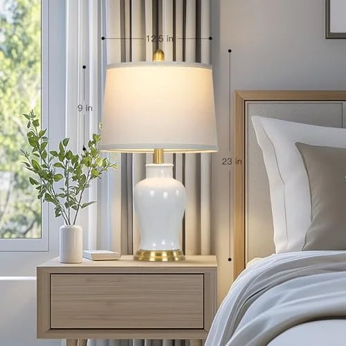2026 NEW Modern Ceramic Table Lamps Set of 2, 23" White Ceramic Lamps for Living Room, Rustic Farmhouse Bedside Lamp with Ginger Jar Design, Elegant Bedroom Lamp for Nightstand Desk Side End Table Home Decor