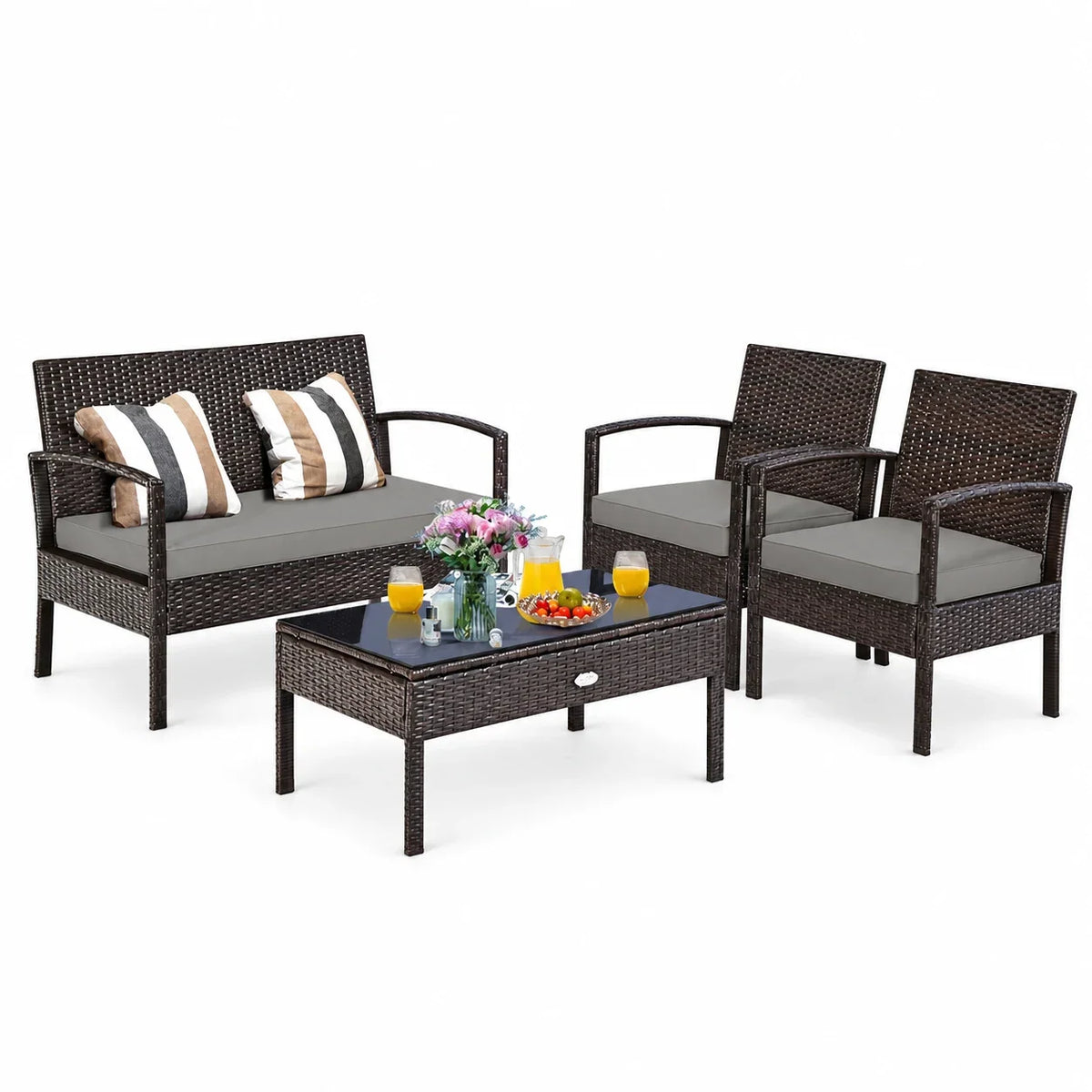 2026 NEW Costway 4pcs Patio Rattan Wicker Furniture Set Loveseat Sofa Cushioned Garden Yard