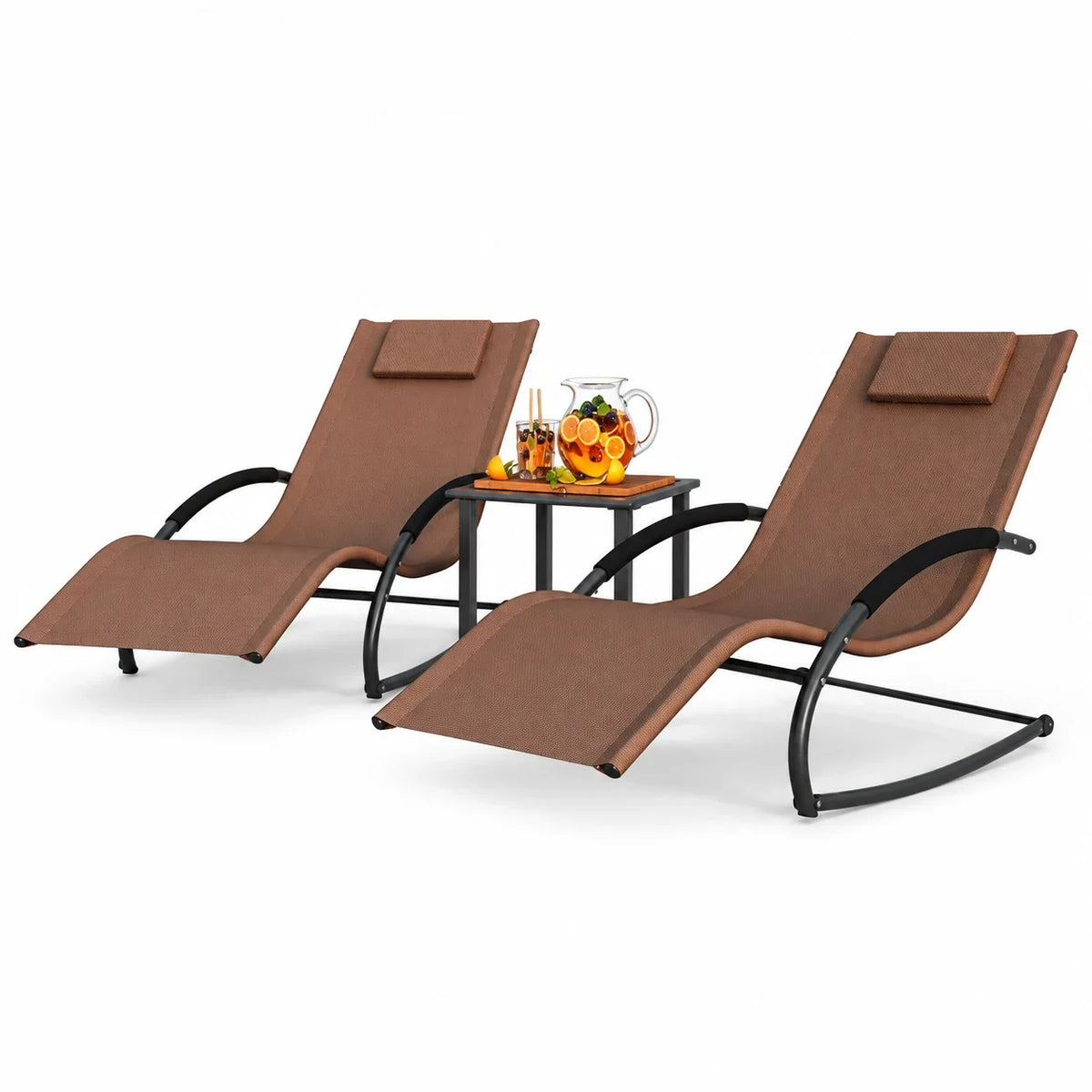 2026 NEW Patio Furniture 3Pcs Outdoor Rocking Chair Set, Including Patio Lawn Rockers with Coffee Table and Headrests, Suitable for Yard, Patio, Deck, and Backyard
