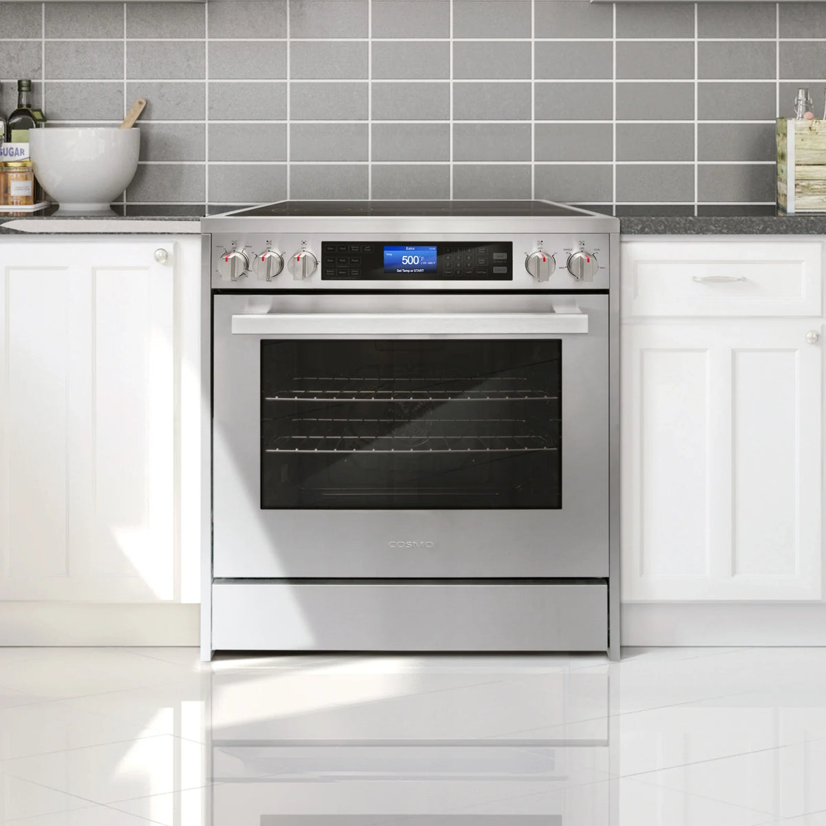 2026 NEW Cosmo 5 Piece Kitchen Appliance Packages with 30" Freestanding Electric Range 30" Island Range Hood 24" Built-in Fully Integrated Dishwasher French Door Refrigerator & 48 Bottle Wine Refrigerator