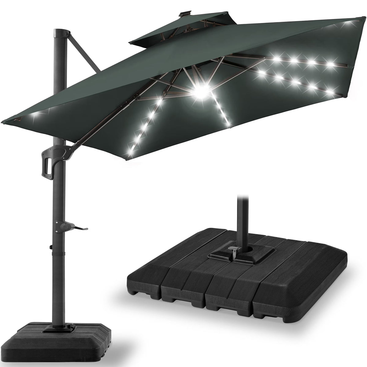 2026 NEW Best Choice Products 10x10ft 2-Tier Square Outdoor Solar LED Cantilever Patio Umbrella w/ Base Included - Tan