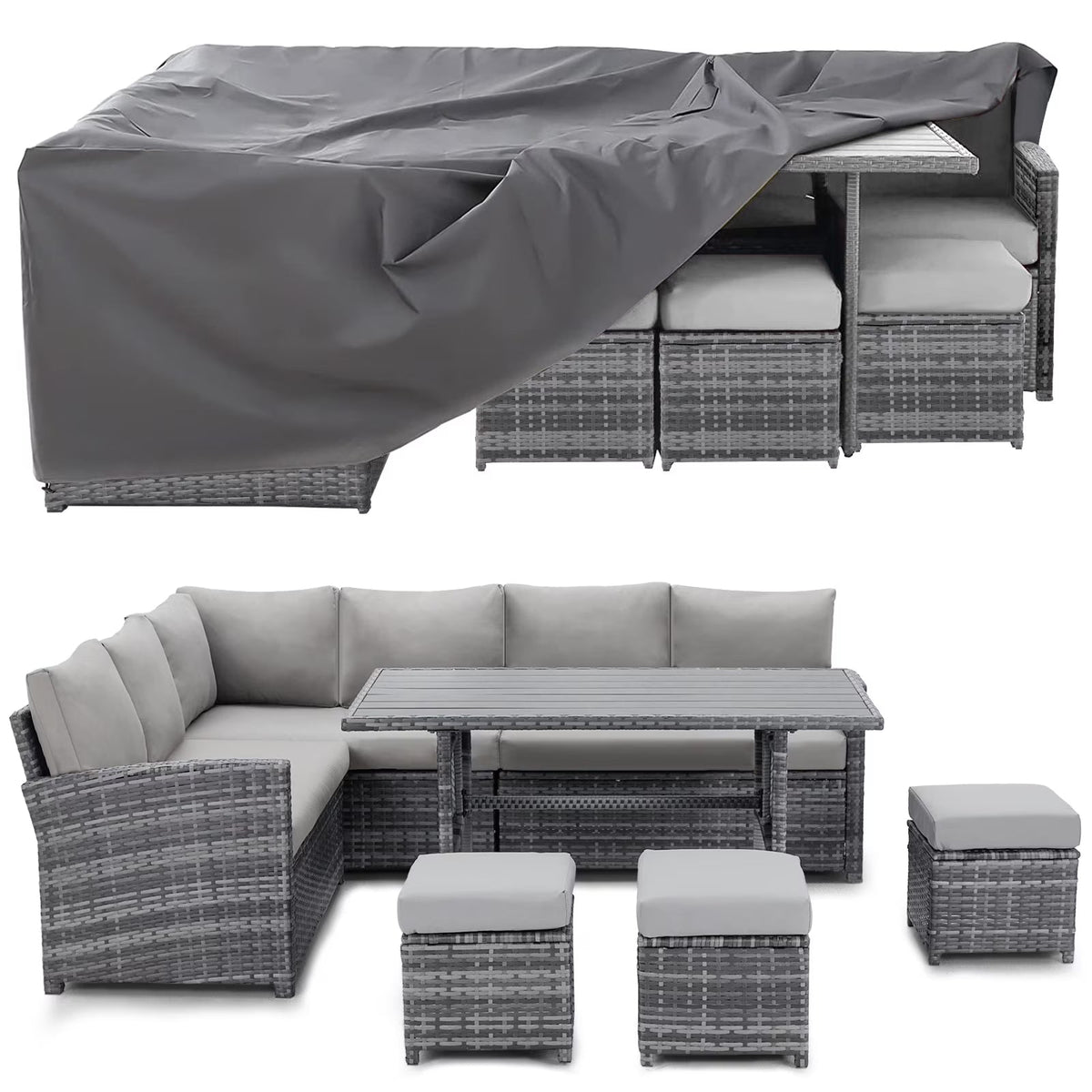 2026 NEW AECOJOY 7 Piece Patio Furniture Set PE Rattan Outdoor Dining Set Sectional Sofa Couch with Table Patio Conversation Set in Gray