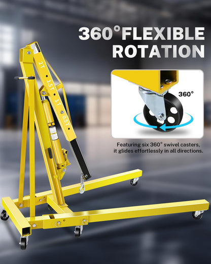 2026 NEW 2-Ton Folding Hydraulic Engine Hoist with Lever & Telescopic Boom, 4400 Lbs Capacity with 6 Steel Casters for Car Truck Boat Motors