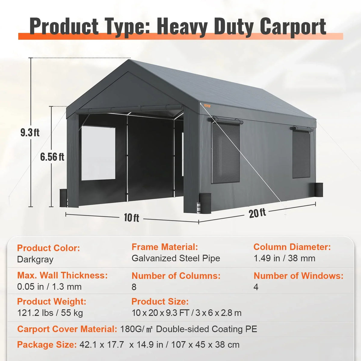 VEVOR Carport 10x20ft, Car Canopy Portable Garage