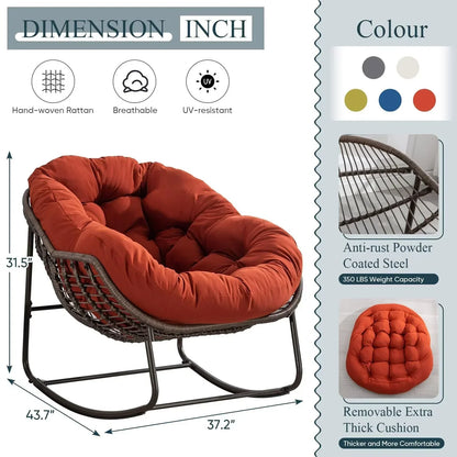 2026 NEW Outdoor Papasan Rocking Chair, Patio Oversized Wicker Egg Rocking Chair, Indoor & Outdoor Comfy Rocker Chair with Thick Cushion, Modern Lounge Chair for Front Porch, Garden, Backyard, Grey