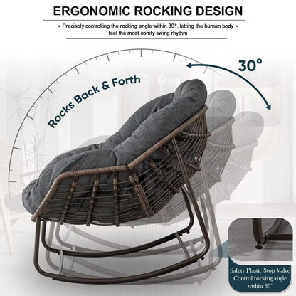 2026 NEW Outdoor Papasan Rocking Chair, Patio Oversized Wicker Egg Rocking Chair, Indoor & Outdoor Comfy Rocker Chair with Thick Cushion, Modern Lounge Chair for Front Porch, Garden, Backyard, Grey
