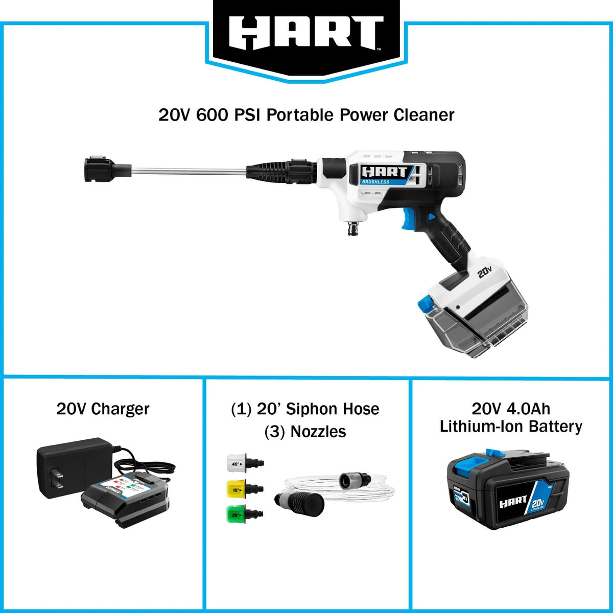 2026 NEW HART 20-Volt Cordless Brushless 600PSI Power Cleaner Kit (1) 20-Volt 4.0Ah Lithium-Ion Battery