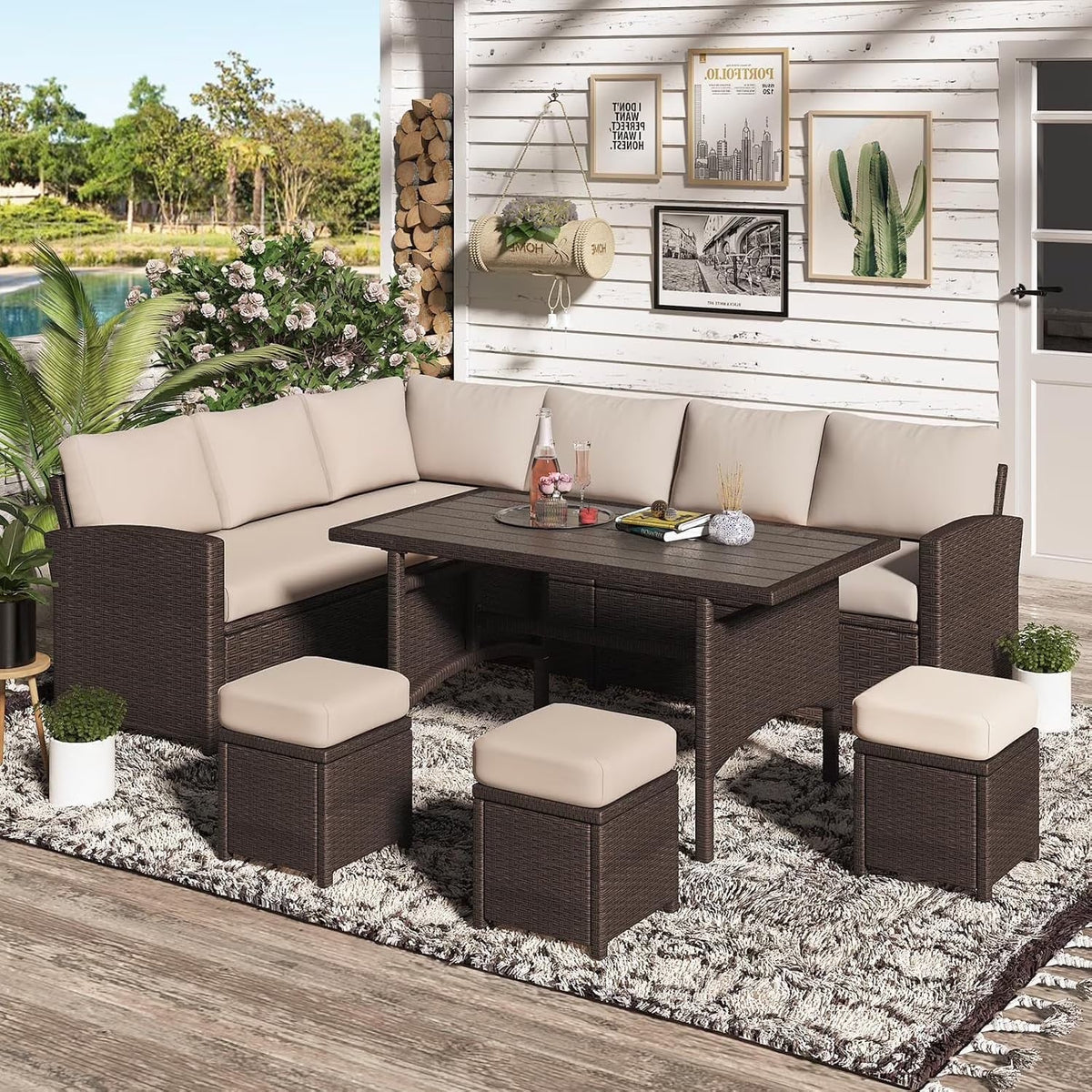 2026 NEW AECOJOY 7 Piece Patio Furniture Set PE Rattan Outdoor Dining Set Sectional Sofa Couch with Table Patio Conversation Set in Gray