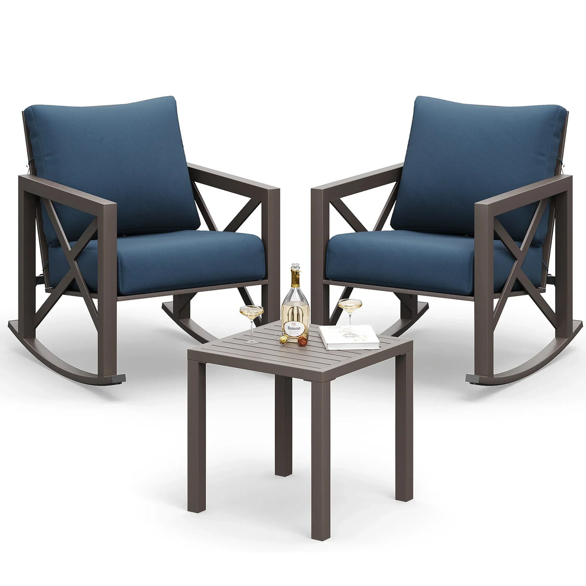 2026 NEW MRUAKA Rocking Chair Bistro Set,3 Piece Outdoor Patio Furniture Set with 2 Rockers and 1 Metal Coffee Table with Thick Cushions for Porch,Backyard,Poolside,Beige