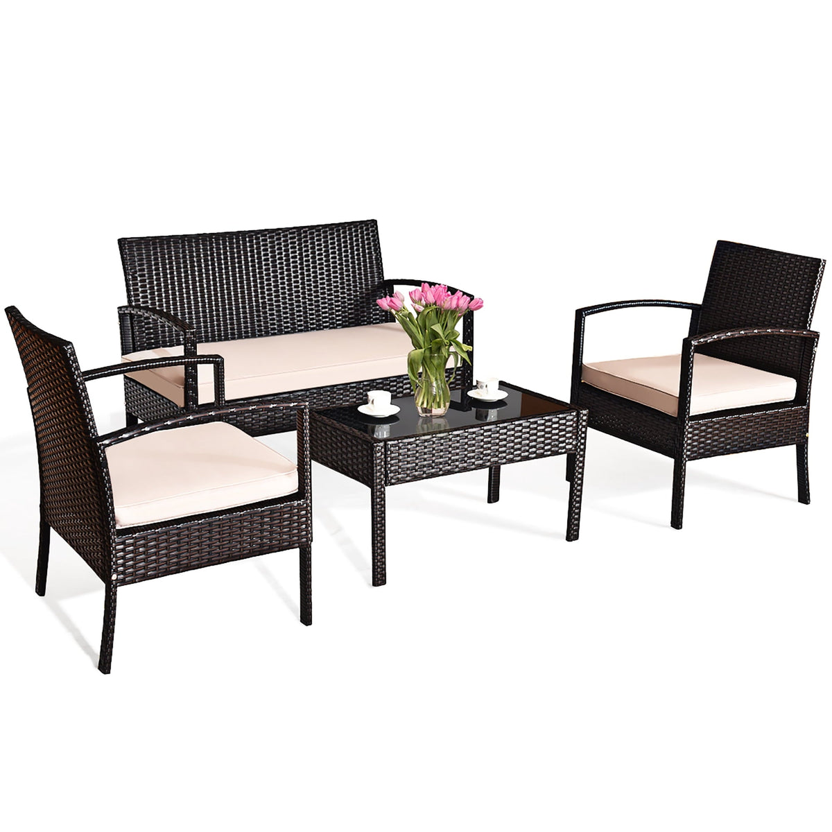 2026 NEW Costway 4PCS Patio Rattan Conversation Furniture Set Cushioned Seat Glass Table