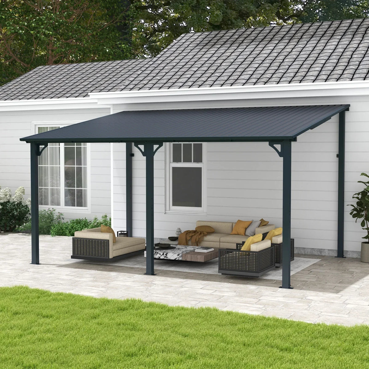 2026 NEW 8' x 10' Outdoor Pergola Gazebo, Lean to Awnings Gazebos, Heavy Duty Hard Top Metal Pergola with Roof, for Patio, Backyard, Decks, Poolside