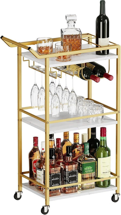2026 NEW 3 Tier Bar Cart, Mini Liquor Utility Cart for Wine Beverage Dinner Party, Rolling Wine Coffee Drink Serving Cart with Lockable Wheels for Home Kitchen