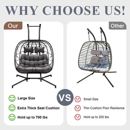 2026 NEW RADIATA Double Wicker Egg Swing Chair with Stand, 2-Person Hanging Egg Chair for Indoor/Outdoor, 700lbs Capacity, Thick Cushions & Headrest,Sturdy Metal Frame"Dark Gray