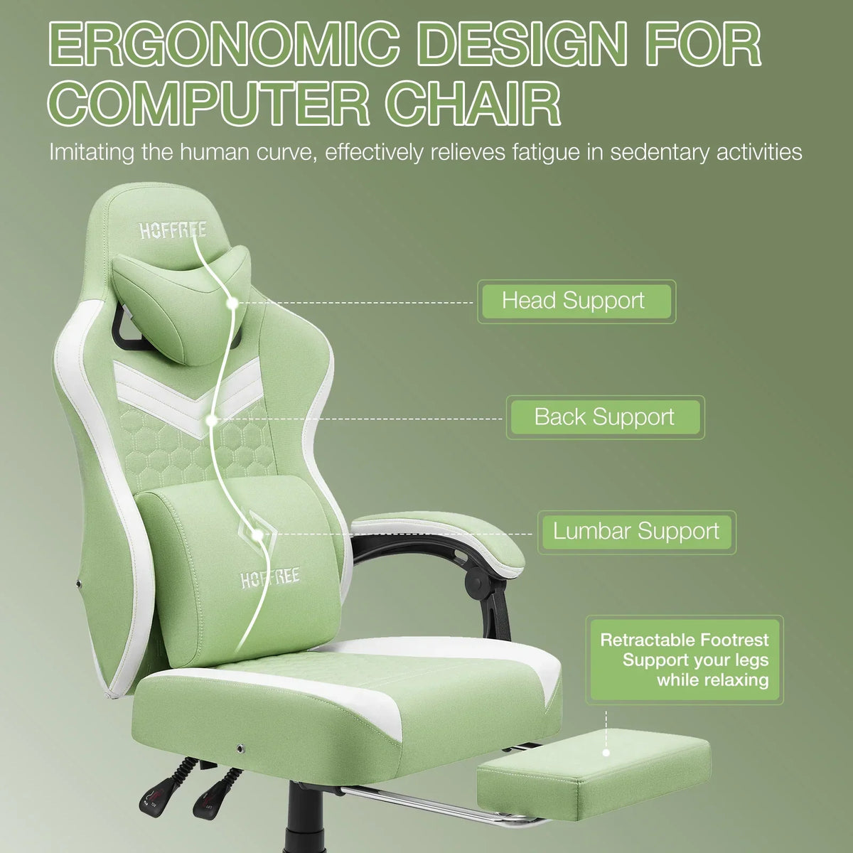 2026 NEW Hoffree Gaming Chair with Massage Fabric Office Chair with footrest for Adults, Ergonomic Gamer Chair with Headrest and Lumbar Support for Office Gaming, 440 LBS