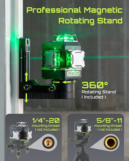 2026 NEW Laser Level 3x360- LASGOO with Remote Control, 2 Rechargeable Batteries, 100FT Range, 360- Magnetic Rotating Stand, IP54, 3Ds